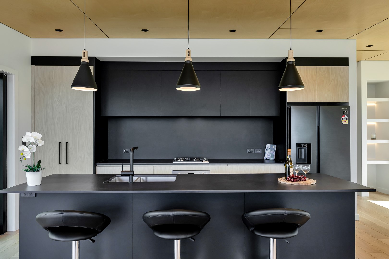 black-kitchen-island-pendant-light-ply-ceiling-arcline-architecture