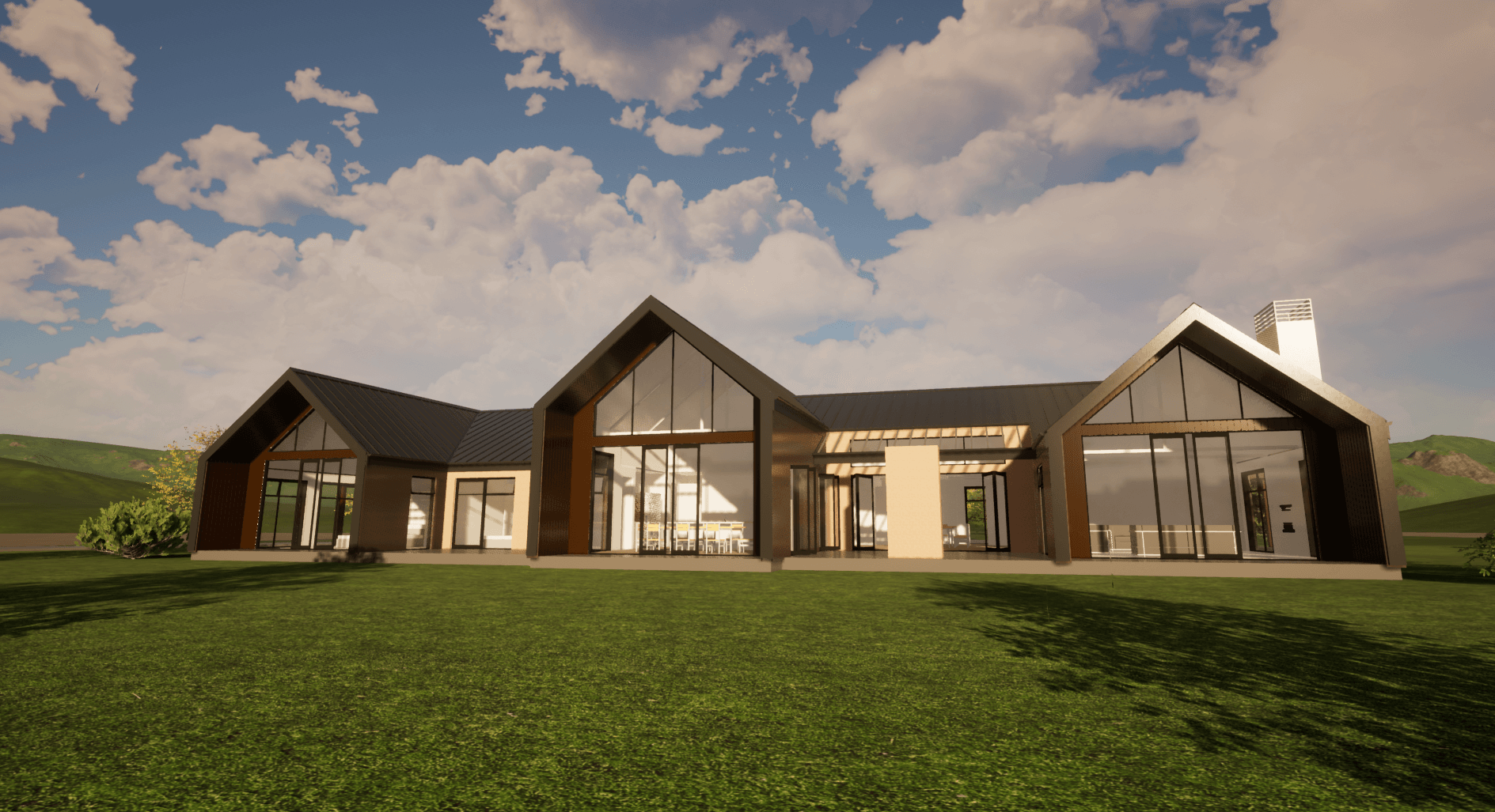 rendered autoCAD house design by arcline architecture, dark exterior with sky and grass