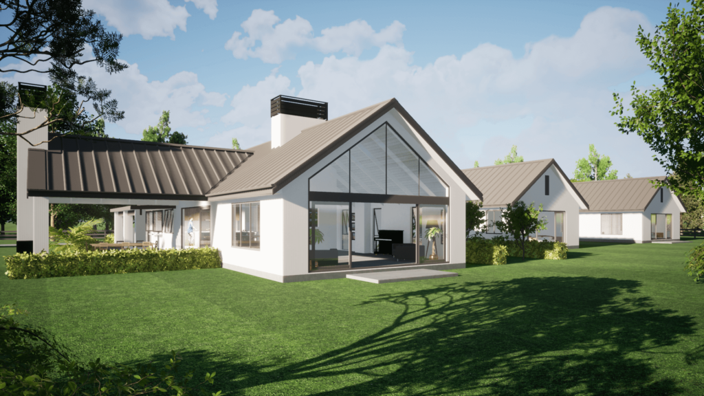 AutoCAD rendered home with white exterior, dark roof and garden