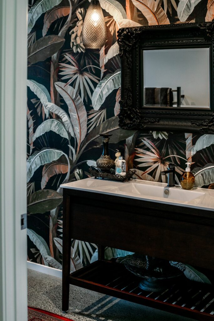 floral-wallpaper-in-toilet-vanity-standalone-integrated-basin-arcline-architecture