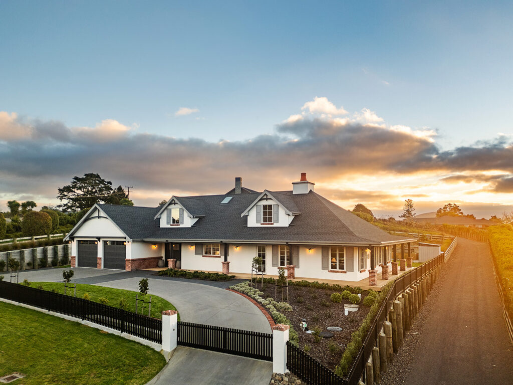 aerial-exterior-sunset-farmhouse-driveway-whangarei-country-farmhouse