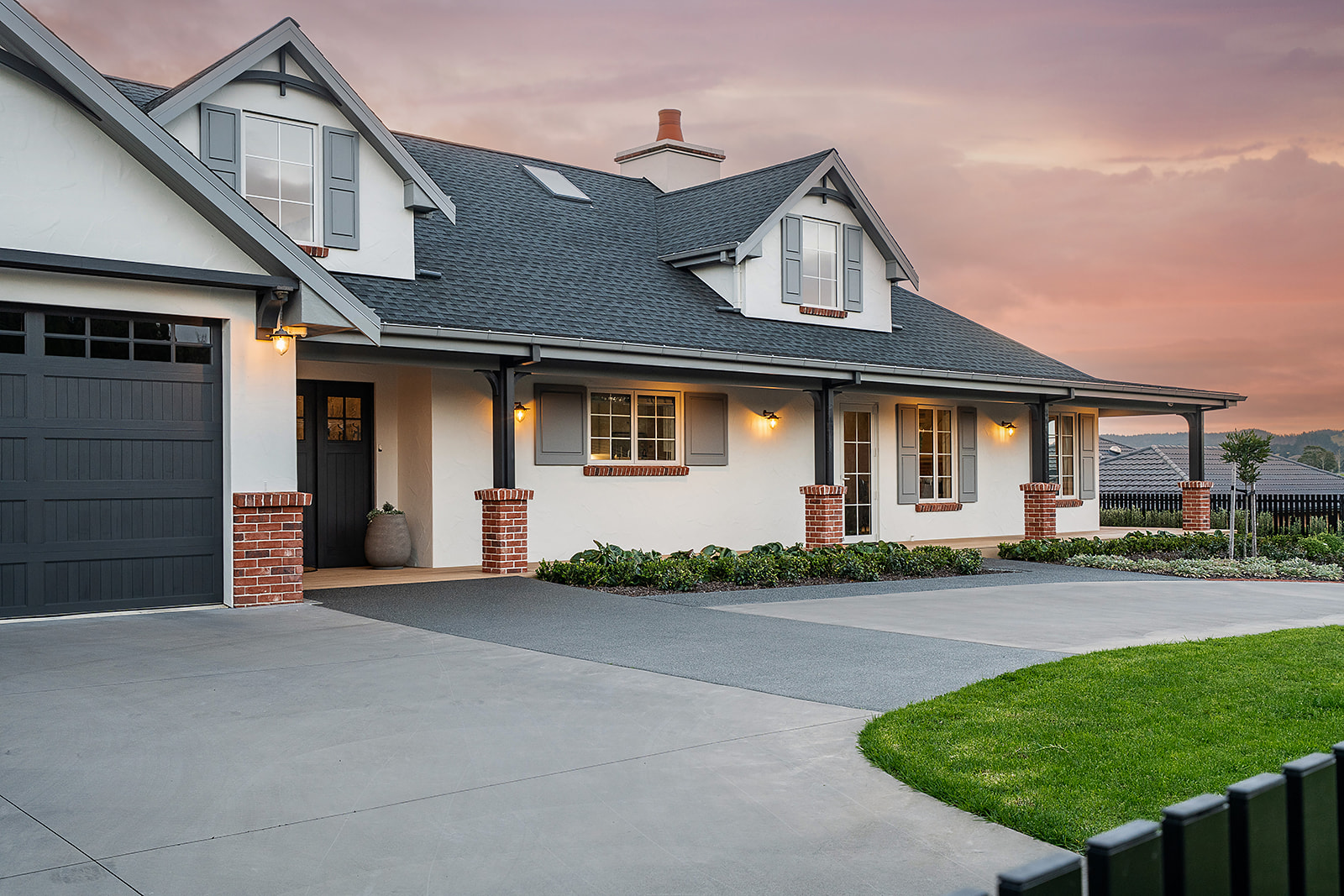 gable-dormer-garage-entrance-dusk-whangarei-country-farmhouse
